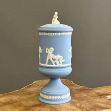 Load image into Gallery viewer, VERY RARE. Wedgwood Jasperware. Made in England. Large Blue and White Pedestal Jar with Lid