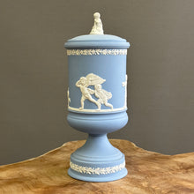 Load image into Gallery viewer, VERY RARE. Wedgwood Jasperware. Made in England. Large Blue and White Pedestal Jar with Lid
