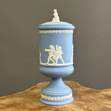 Load image into Gallery viewer, VERY RARE. Wedgwood Jasperware. Made in England. Large Blue and White Pedestal Jar with Lid