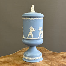 Load image into Gallery viewer, VERY RARE. Wedgwood Jasperware. Made in England. Large Blue and White Pedestal Jar with Lid