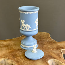 Load image into Gallery viewer, VERY RARE. Wedgwood Jasperware. Made in England. Large Blue and White Pedestal Jar with Lid
