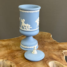 Load image into Gallery viewer, VERY RARE. Wedgwood Jasperware. Made in England. Large Blue and White Pedestal Jar with Lid