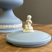 Load image into Gallery viewer, VERY RARE. Wedgwood Jasperware. Made in England. Large Blue and White Pedestal Jar with Lid